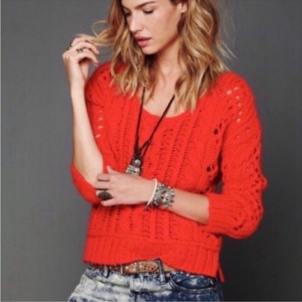 Free people, red cable knit pull over sweater